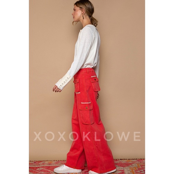 POL Red Cargo Pants Wide Leg Loose Slouchy Fit - Picture 12 of 15